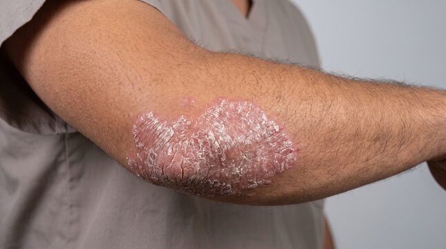 Severe plaque psoriasis with thick silvery white scales and erythematous base on male elbow