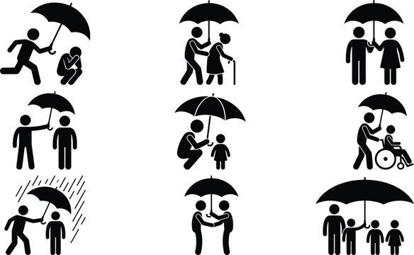 Insurance and community care stick figure silhouette icon set showing people sharing umbrella in rain to protect family elderly and disabled vector