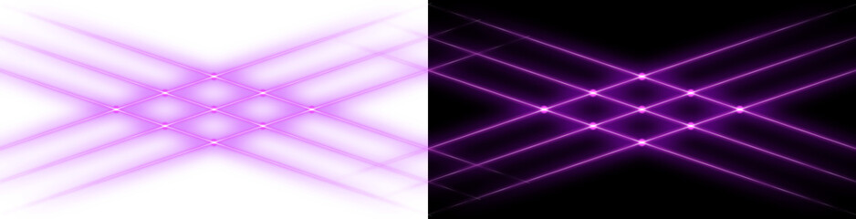 Fototapeta premium A purple cross shape with intersecting glowing light lines and bright nodes, shown in two versions on white and dark backgrounds for a vibrant grid effect isolated on a transparent background