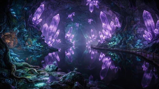 Dark mysterious subterranean fantasy forest growing from massive glowing purple crystal formations