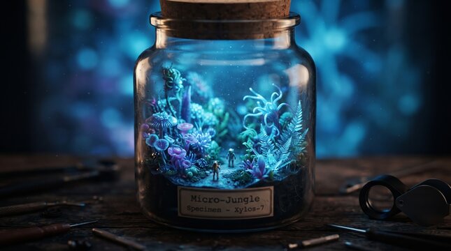 Miniature glowing cyan blue magical energy potion bottled inside dark stone pedestal stopper