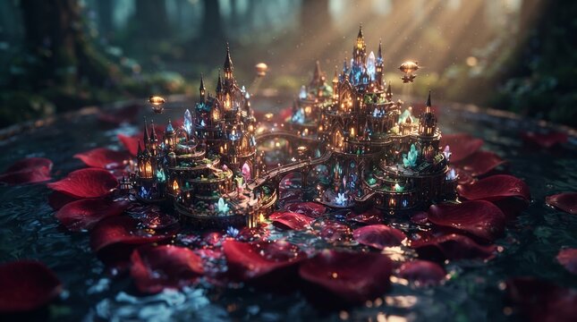 Miniature glowing fantasy castle village built on dark volcanic rock diorama macro close-up