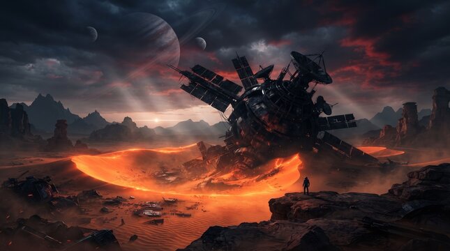 Giant cybernetic spaceship crashed on barren orange volcanic alien desert planet with tiny explorer