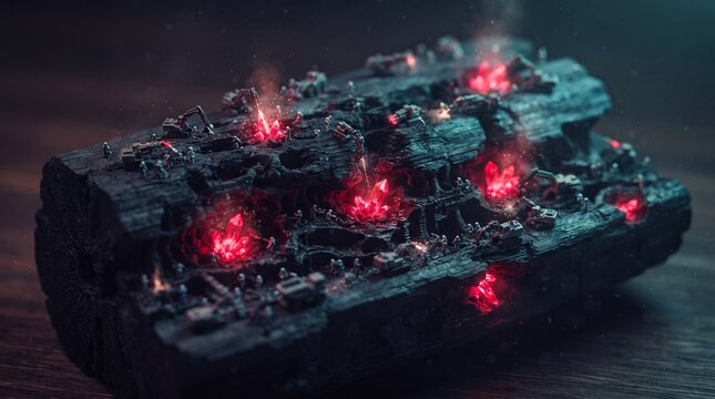 Dark rocky alien asteroid surface covered with glowing red energy nodes in space