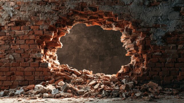 Old damaged red brick wall with large irregular hole showing rubble and dark empty space behind in abandoned building