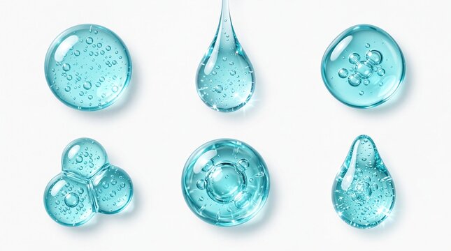 Set of blue cosmetic gel drops with bubbles clear hyaluronic acid serum blobs and liquid collagen droplets isolated on white background for skincare product design