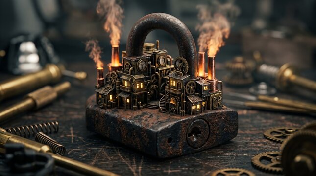 Miniature intricate steampunk padlock or mechanical building model with glowing lights and smoke