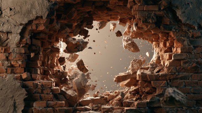 Large hole bursting through old brick wall with debris and dust flying in dynamic action captured in warm light