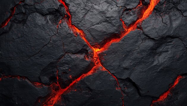Volcanic black rock with red lava crack earth power concept background