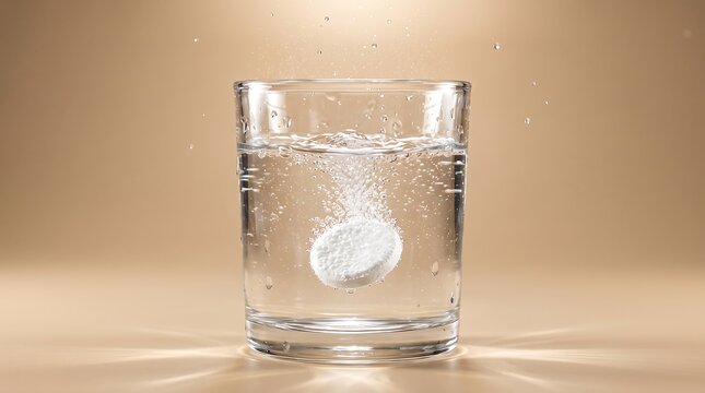 Close-Up of White Effervescent Tablet Dissolving in a Clear Glass of Water with Bubbles. Healthcare, Vitamin C, Pain Relief, and Medicine Solubility Concept.