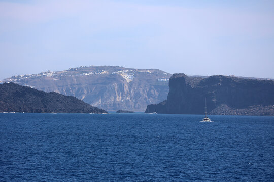 View of the entrance to the caldera of the Cycladic island of Santorini, Greece