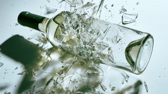Broken transparent bottle shattering in midair with scattered glass fragments on light background close up