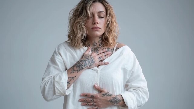 Young woman Placing one flat hand over the heart and the other over the stomach to feel the breath, Mental health gesture.