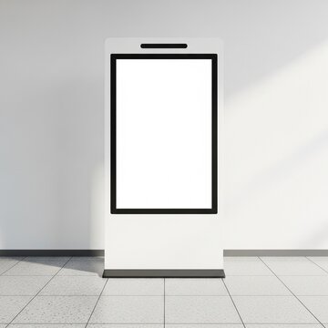 Blank vertical digital signage display kiosk standing in a modern indoor lobby with soft natural sunlight shadows on the clean wall