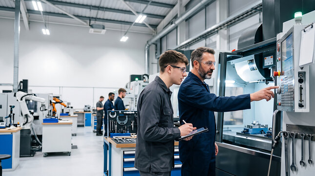 Experienced engineer training apprentice on CNC machine in modern industrial manufacturing facility