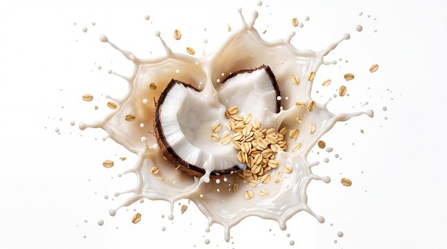 Fresh broken coconut and oat flakes falling into dynamic milk splash with droplets isolated on white background for organic vegan food beverage product advertising design