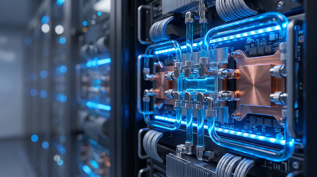Liquid cooled server rack with glowing blue tubes in a modern data center