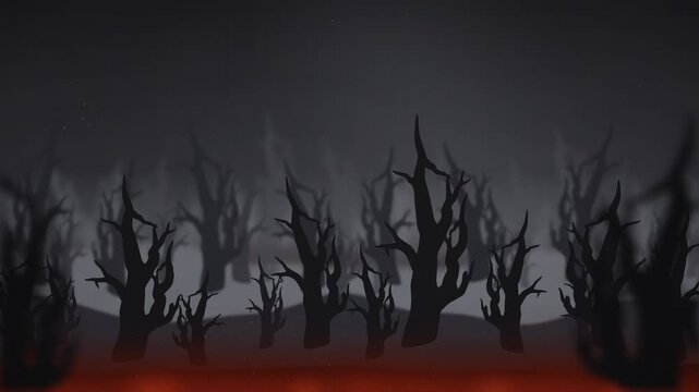 Animated burning forest with bare tree silhouettes, glowing embers and drifting smoke, wildfire, deforestation and climate change flat illustration