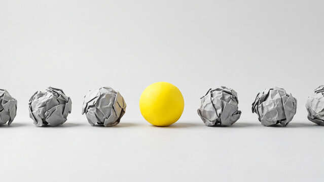 Row of gray crumpled paper balls with single yellow smooth plasticine ball standing out on white background for creative concept of thinking differently unique idea individuality and innovation