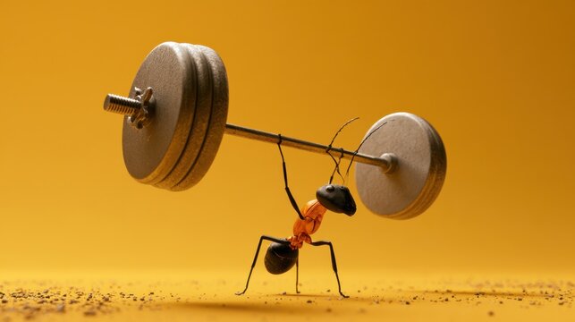 Close-up of ant lifting heavy metal weight barbell showing strength effort and determination on yellow background with shadow