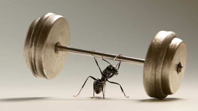 Close-up of strong ant lifting large metallic barbell weight demonstrating strength and perseverance on plain background