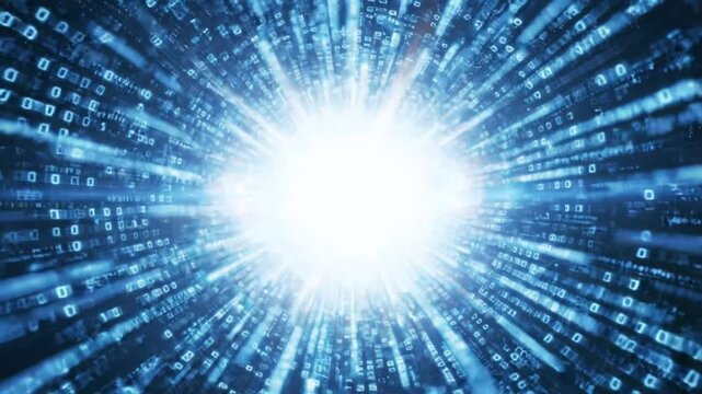 Abstract digital background with binary code stream and glowing light tunnel effect.