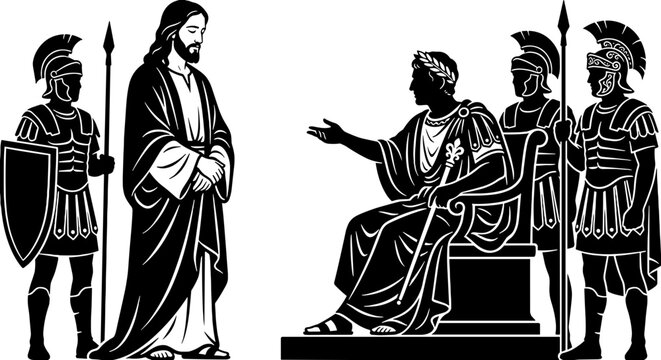 Jesus Christ before Pontius Pilate trial and judgment scene with Roman soldiers, Passion of the Christ New Testament biblical vector engraving 