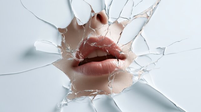 Close-up of human lips seen through a cracked glass hole with shattered fragments around in a conceptual fragmented identity image