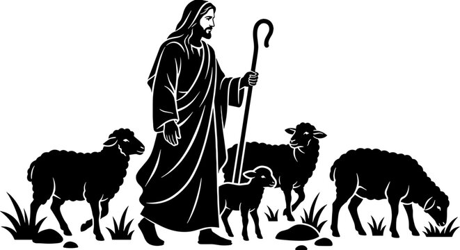 Jesus Christ as the Good Shepherd with sheep and lamb holding staff New Testament biblical vector graphic engraving illustration