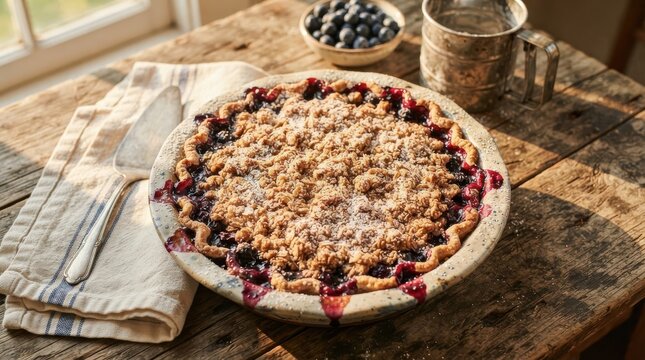 Freshly baked homemade blueberry crumble pie with a golden oat streusel crust sitting on a rustic wooden table next to a bowl of fresh fruit