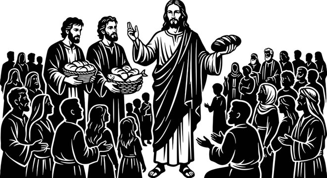 Jesus Christ feeding the five thousand miracle with loaves and fishes baskets crowd New Testament biblical vector graphic engraving illustration