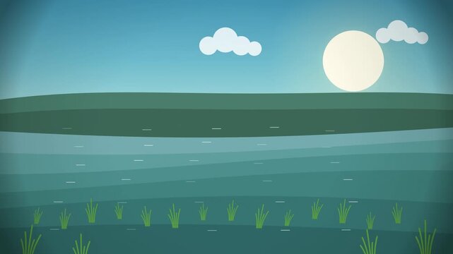 Abstract Vector Landscape with Rolling Hills and Sun Cartoon Motion Background