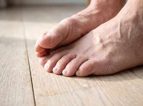 Person Scratching Itchy Bare Feet Sitting on a Wooden Floor. Concept of Dry Skin, Eczema, Athlete's Foot, or Skin Allergy Relief and Foot Care.