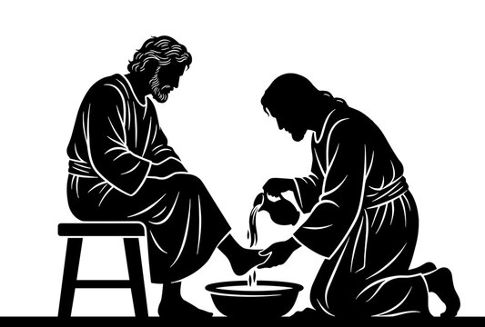 Jesus Christ washing Peters feet black silhouette vector illustration, servant leadership Maundy Thursday New Testament engraving on transparent background