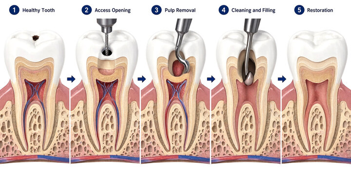 Root Canal Treatment Process Illustrated Step by Step in Tooth Anatomy