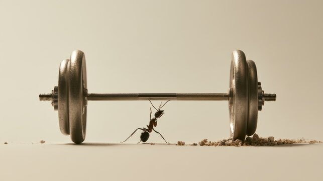 Strong ant lifting heavy weight barbell with metal plate showing power determination and strength concept on plain background
