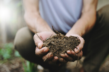 Close-up of a farmer carefully holding rich, organic soil in their hands. A beautiful symbol of...