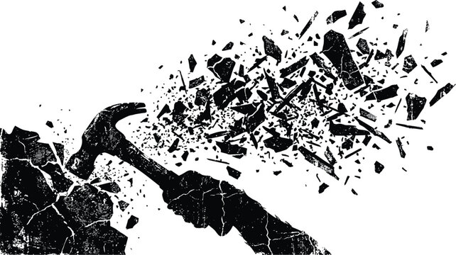 Hammer striking stone wall resulting in shattering fragments black silhouette
