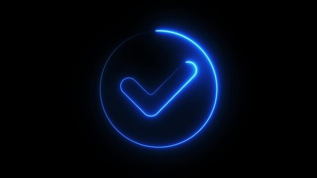 glowing blue neon check mark circle icon animation on black background motion graphic, glowing check mark approval icon with futuristic blue neon light animation,glowing blue success symbol checkmark 