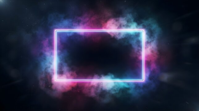 Radiant rectangular neon frame glows brightly against a dark backdrop filled with swirling colorful purple and cyan smoke creating an intense modern atmosphere for design
