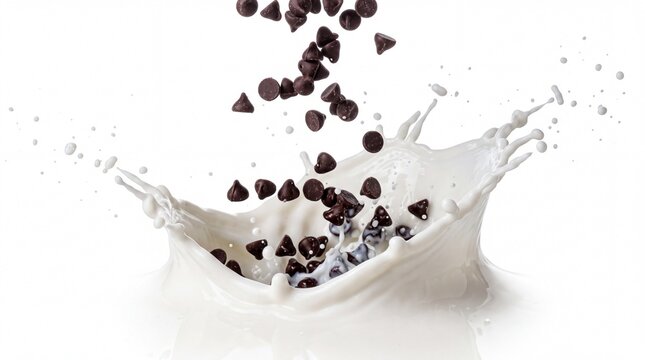 Dark chocolate chips falling and splashing into fresh white milk creating energetic liquid crown droplet movement isolated on clean white background for dairy food concept