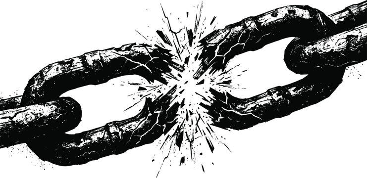 Broken chain link with fractured segments black and white vector illustration