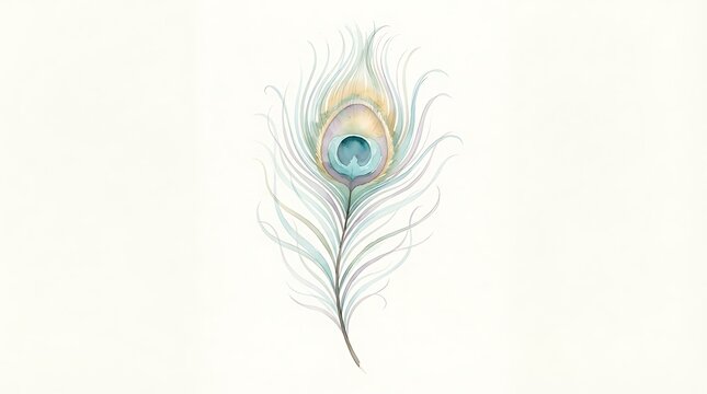 Delicate watercolor peacock feather illustration on white background.