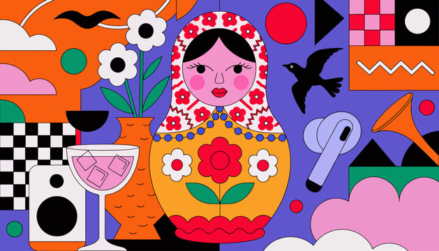 Matryoshka Doll Abstract Pattern, Pop Art Design, Geometric Shapes, Vibrant Colors