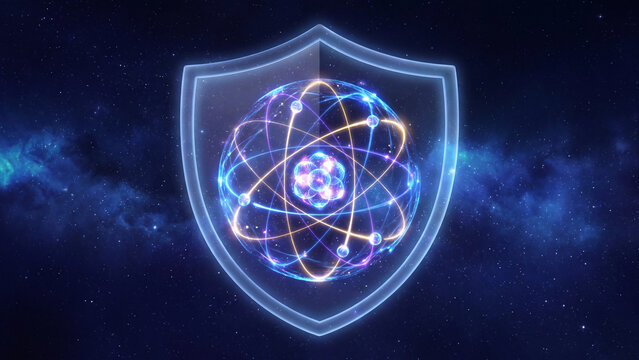 Atomic energy core protected inside a glowing digital shield in deep space for quantum encryption advanced data defense and next generation cyber security technology concepts