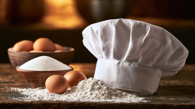 Chef hat next to eggs bowl and sugar container with flour spread on wooden table in rustic kitchen setting for baking preparation