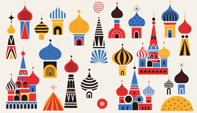 Flat Icons: Colorful Russian Church Domes and Kremlin Architecture Design Elements