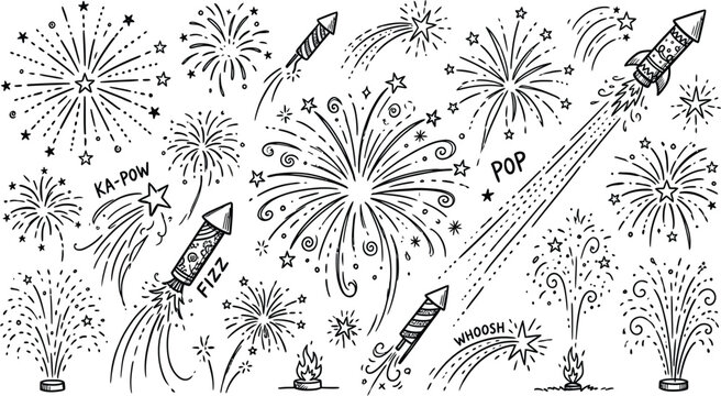 A dynamic collection of hand-drawn fireworks and rockets bursts across a white background, capturing the celebratory spirit of a festive occasion.