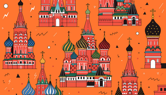 Russian Architecture Cartoon Style Moscow Kremlin Saint Basil's Cathedral Orange Background