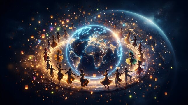 Diverse cultural dancers performing a traditional circular dance around a glowing planet earth illuminated by golden floating lanterns in deep space against a dark starry backdrop.